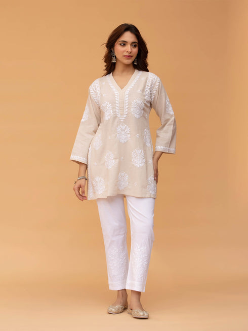 Anushka in Saba Chikankari Short kurta in Slub cotton - Beige